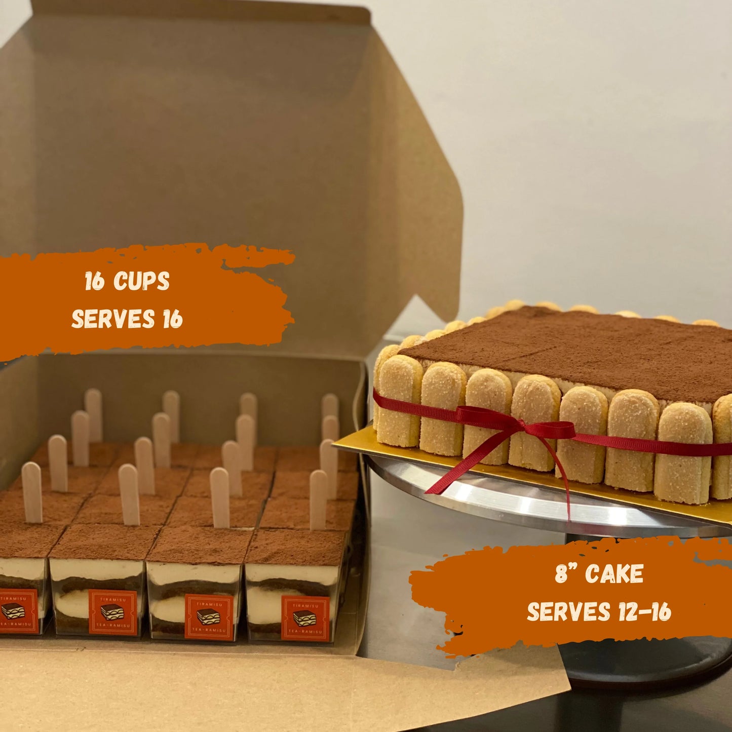 Classic tiramisu dessert served in individual cups and a 8” square cake, perfect for parties or other events