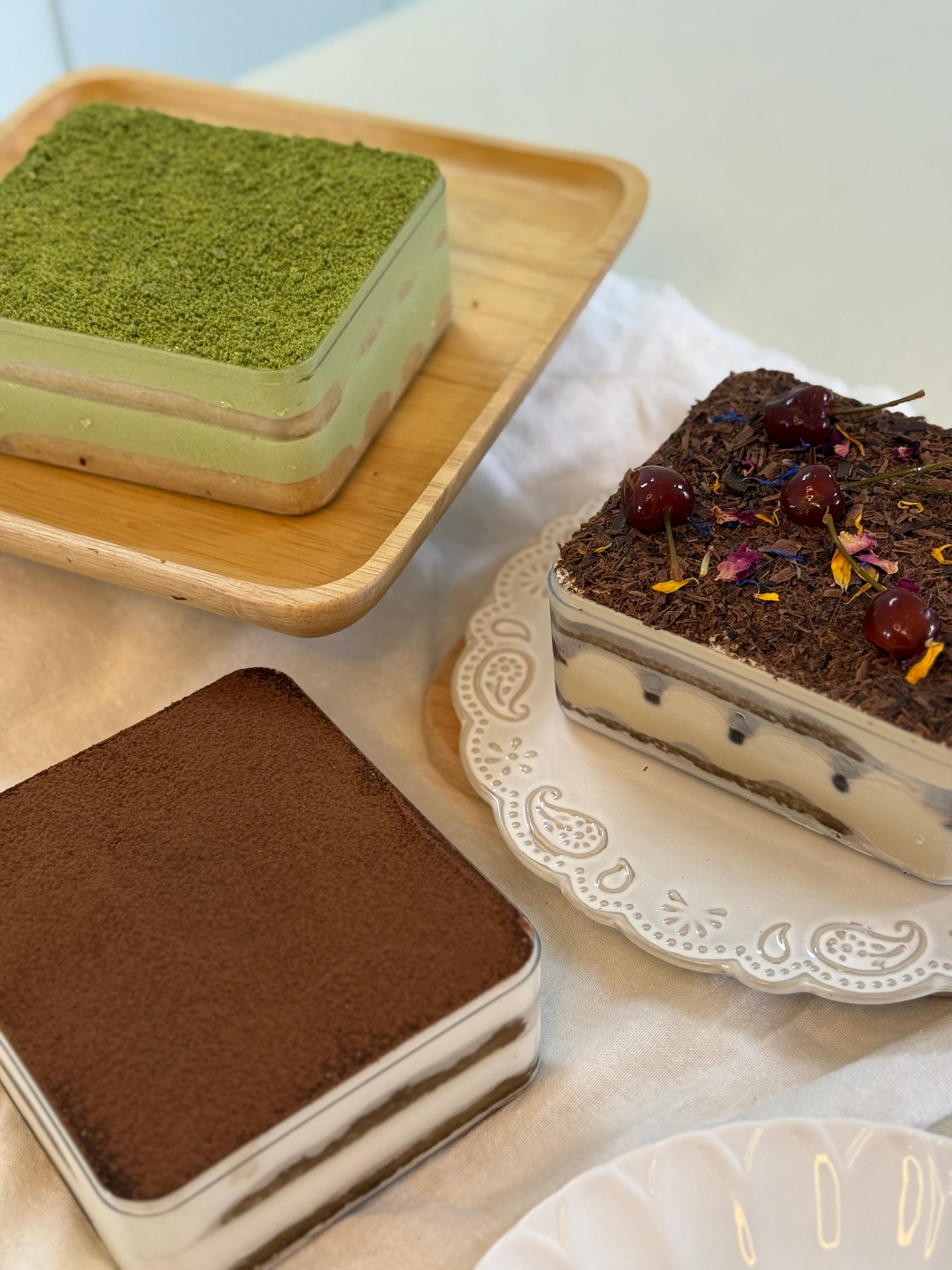3 Different versions of Tiramisus in Full tub sizes, featuring the classic, matcha osmanthus and oolong forest