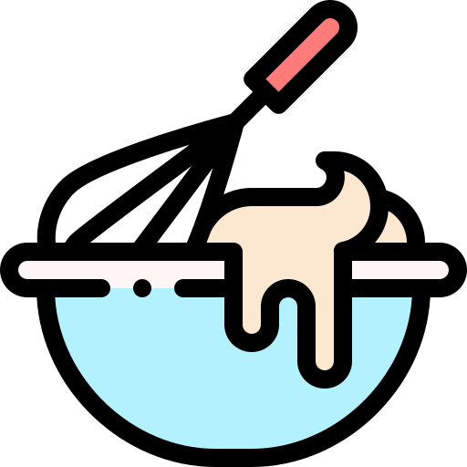Icon of a bowl with a whisk and cream, used to represent baking or cooking.