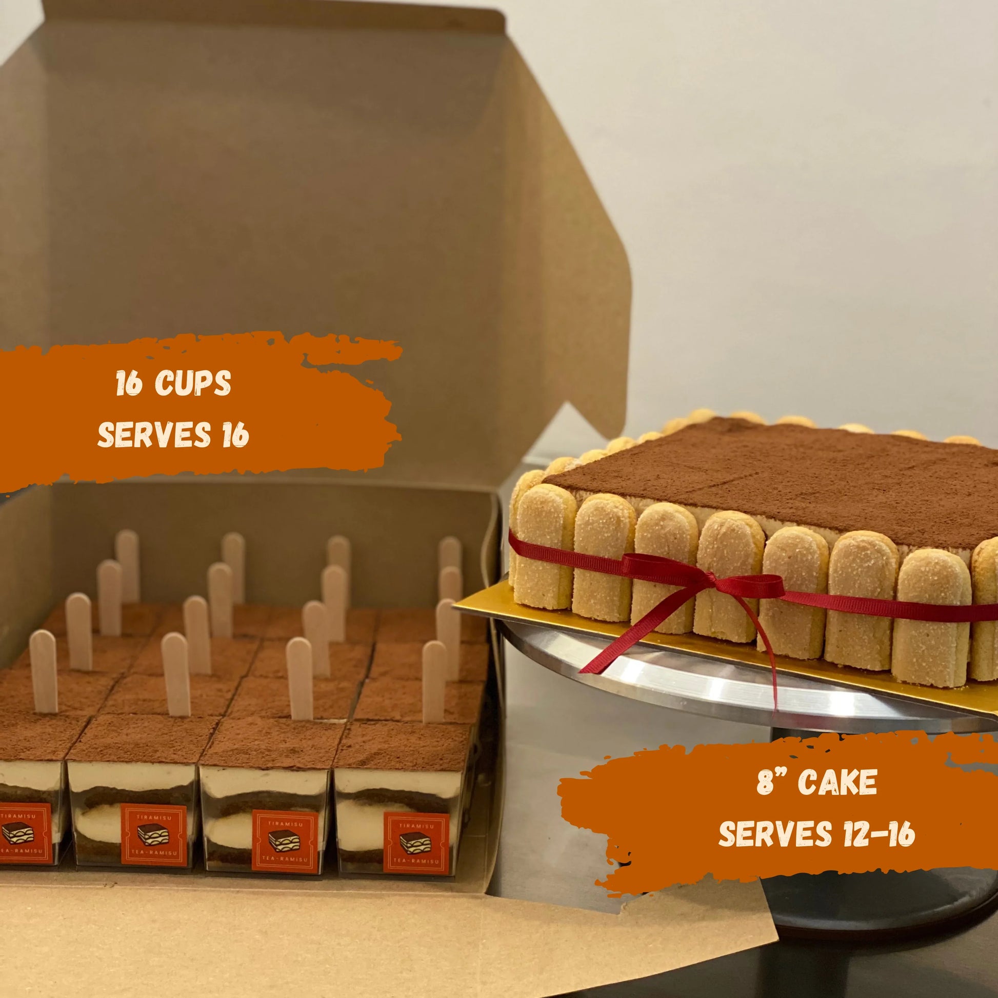 Classic tiramisu dessert served in individual cups and a 8” square cake, perfect for parties or other events