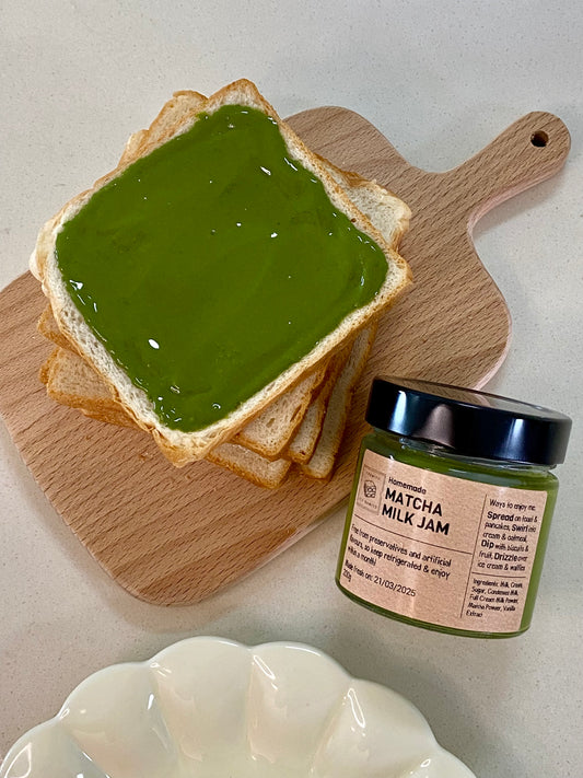Thick & Rich Matcha Tea Spread spread on slices of toasted bread for Singaporean breakfast