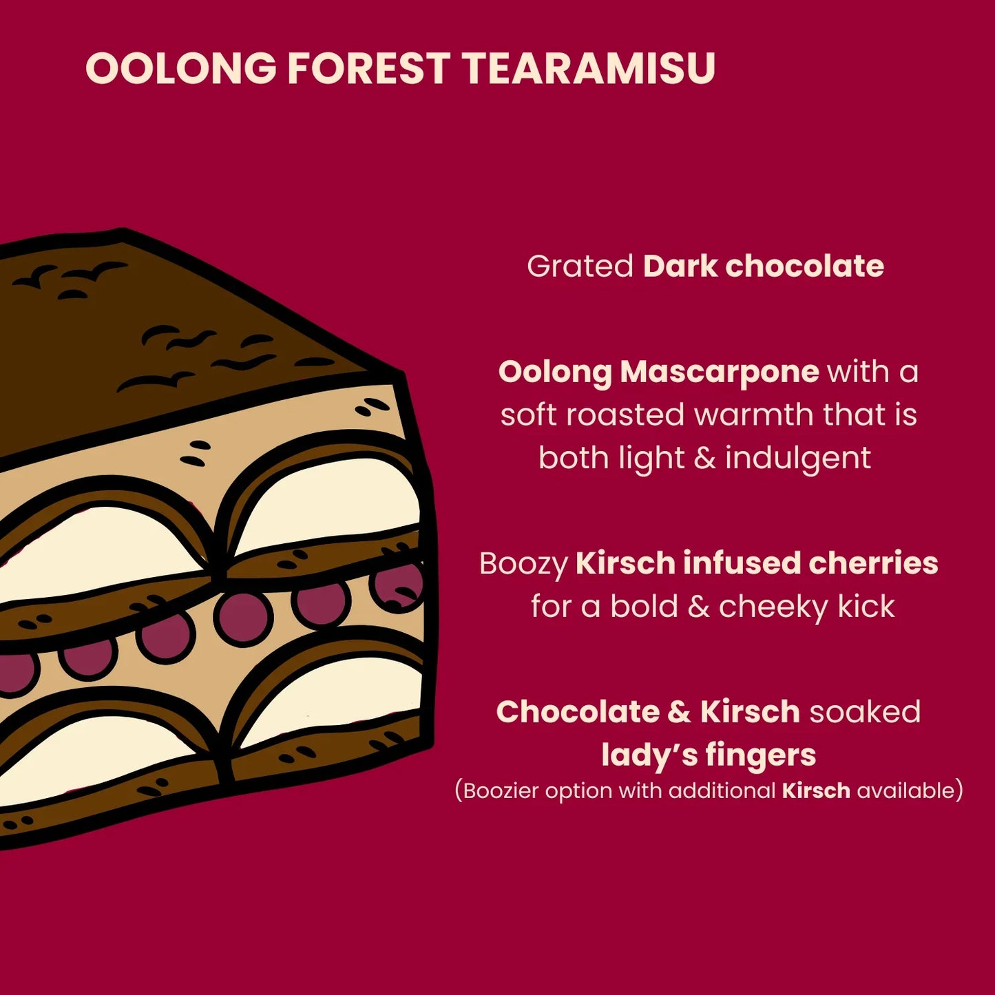 Oolong Forest Tiramisu Recipe that gives insight on this unique spin of the classic Black Forest cake. 