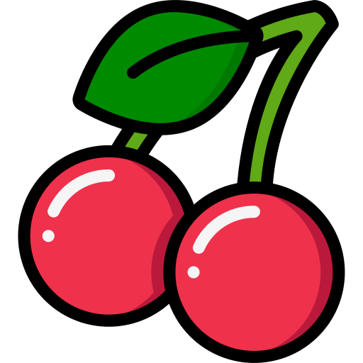 Cartoon-style cherries with a green leaf without background